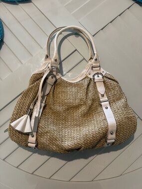 Poppie Jones Natural Straw Tote with White Trim and Tassel